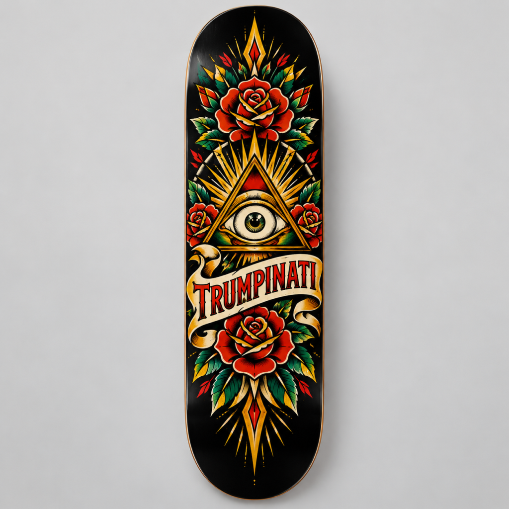 Trumpinati black skateboard deck underside concept with red roses, gold rays, all-seeing eye and cream brand banner