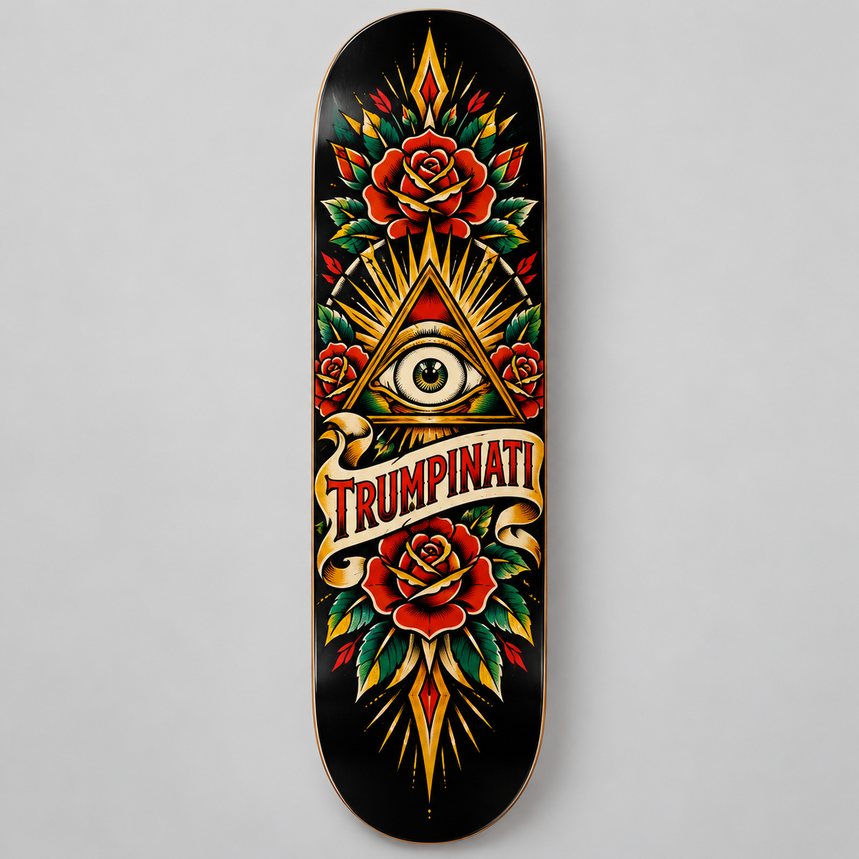 Trumpinati black skateboard deck underside concept with red roses, gold rays, all-seeing eye and cream brand banner