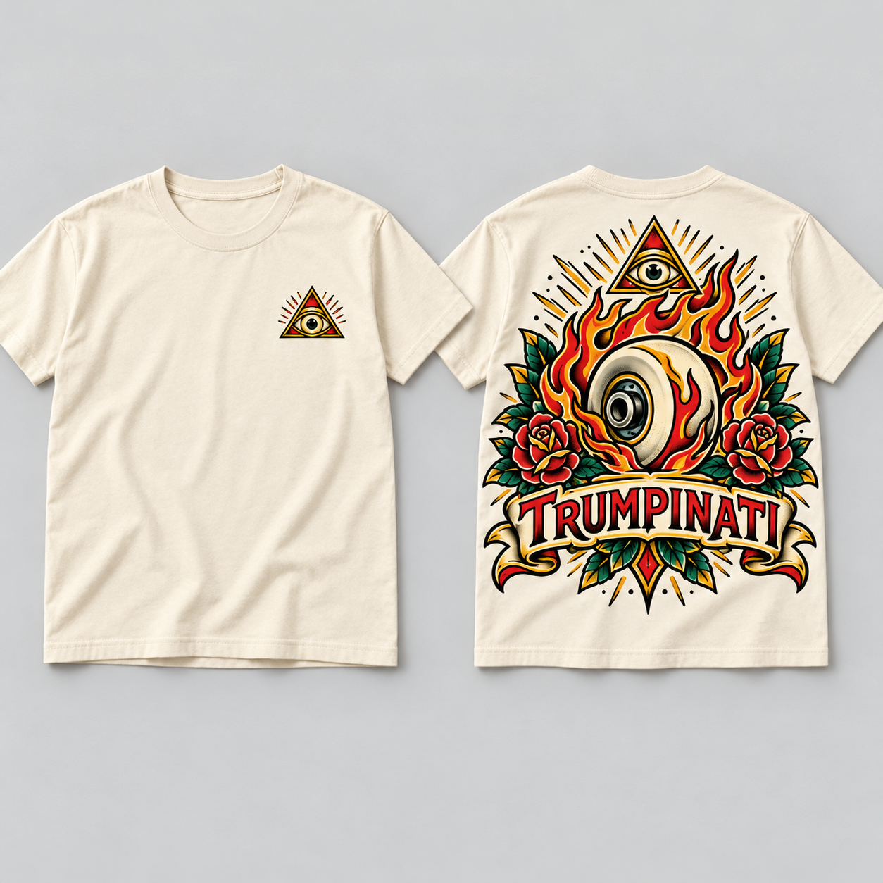 Trumpinati Burning Wheel Tee front and back mockup with flaming skate wheel, roses, gold rays and all-seeing eye