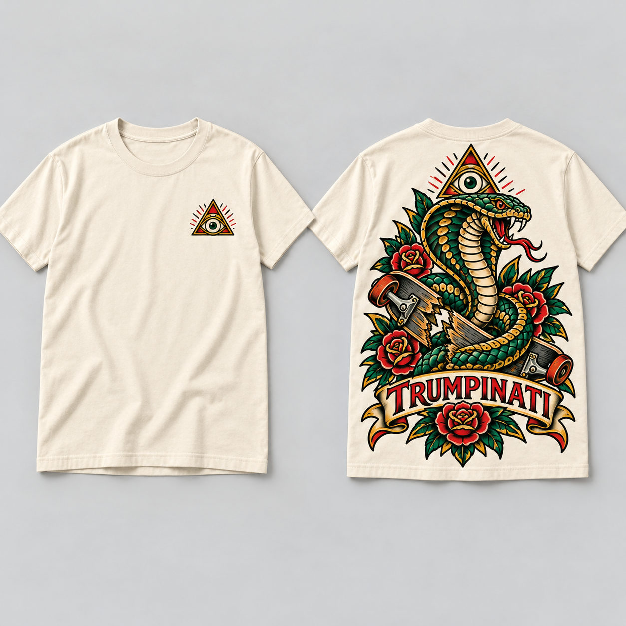Trumpinati Cobra Line Tee front and back concept with coiled cobra, broken skateboard, roses and all-seeing eye