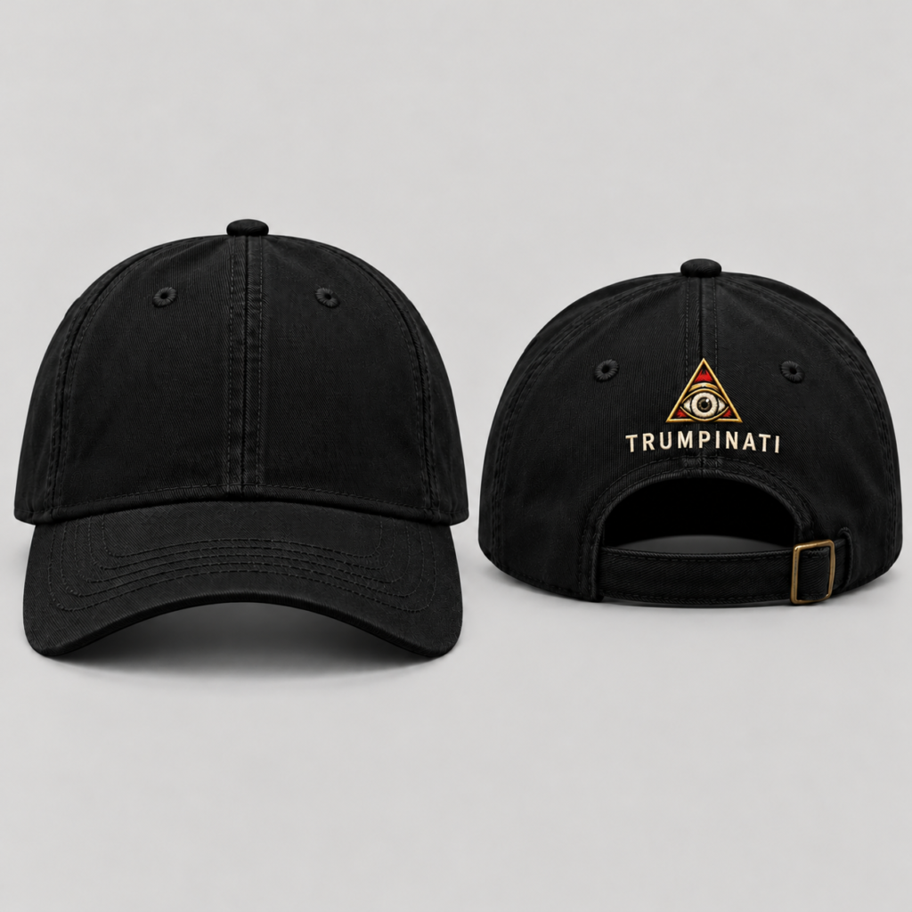 Black Trumpinati cap front and rear view, plain front and small eye triangle above TRUMPINATI lettering on the back