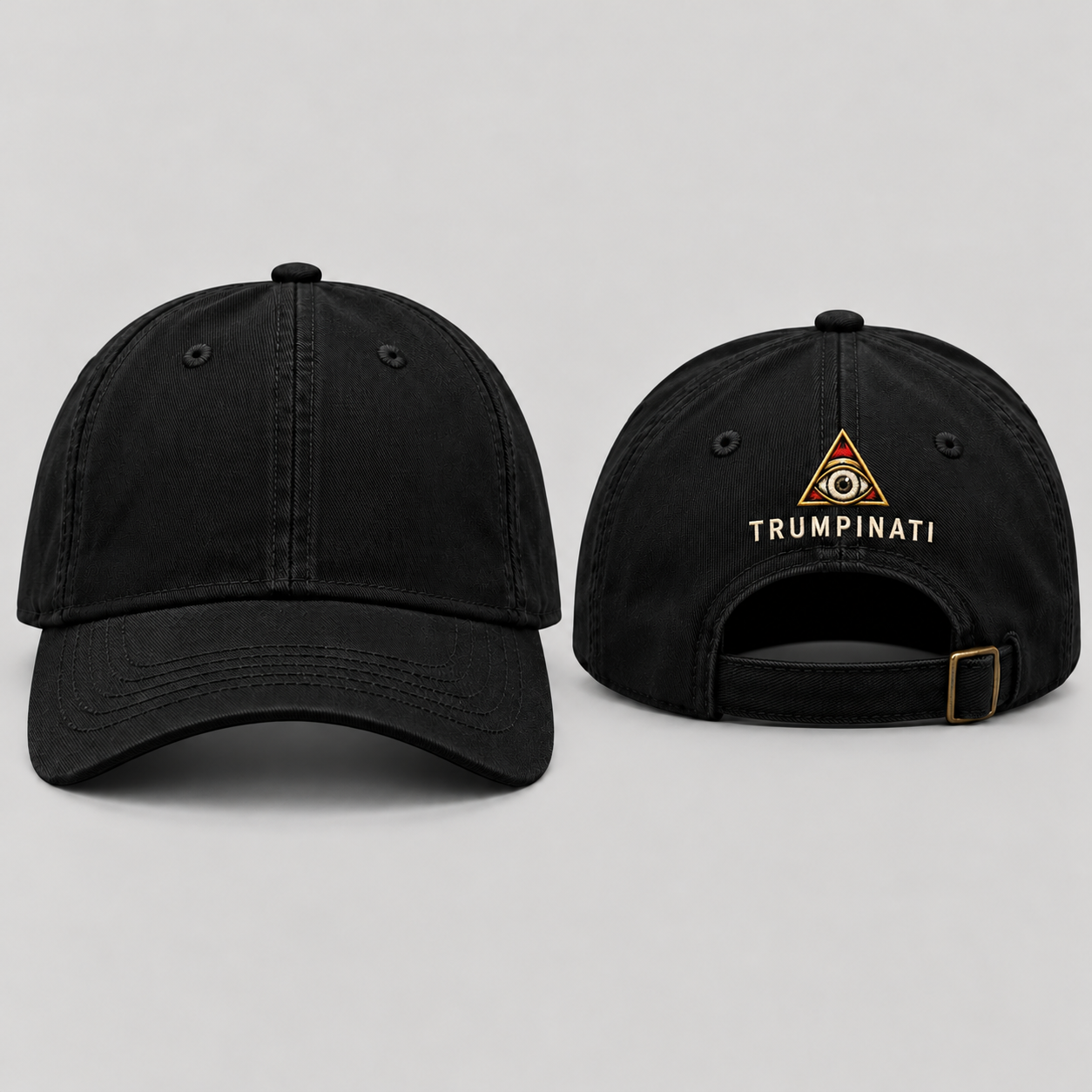 Black Trumpinati cap front and rear view, plain front and small eye triangle above TRUMPINATI lettering on the back