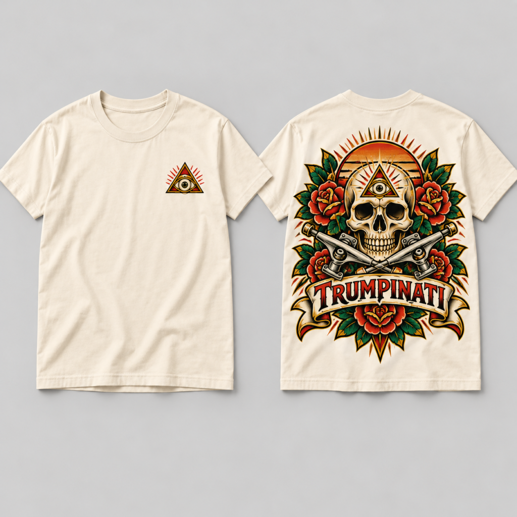 Trumpinati Last Light Tee front and back mockup with skull, roses, sunset rays and crossed skateboard trucks