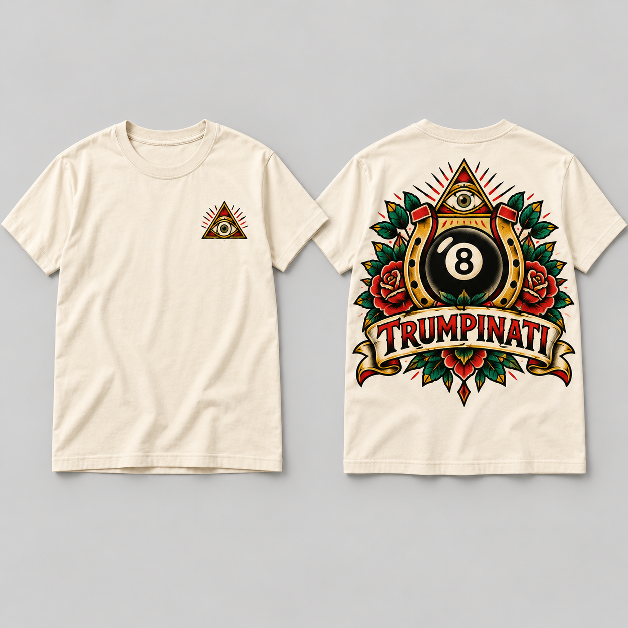 Trumpinati Lucky Line Tee front and back mockup with eight ball, horseshoe, roses and eye triangle