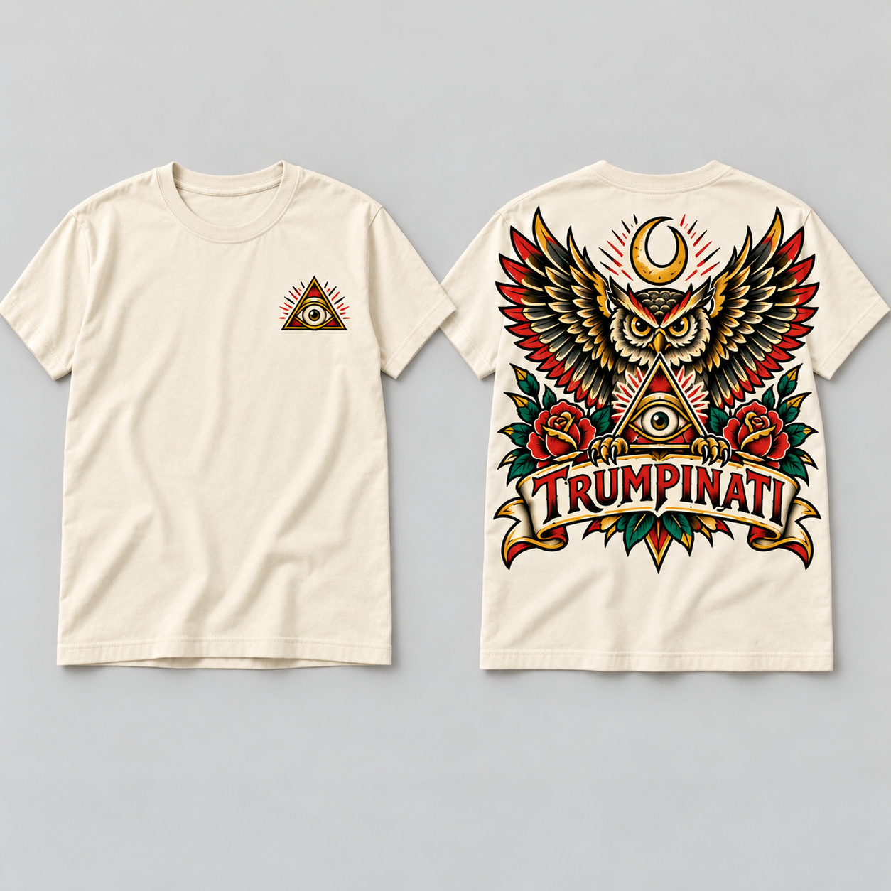 Trumpinati Night Owl Tee concept showing cream front and back with owl, crescent moon and roses artwork