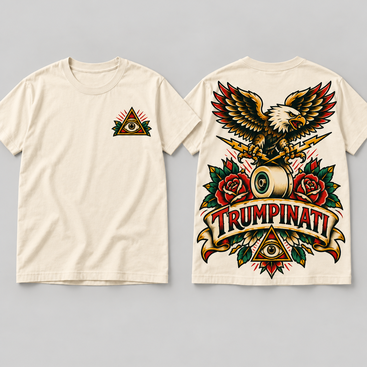 Trumpinati Ride the Storm Tee front and back mockup with eagle, lightning, skateboard wheel and roses